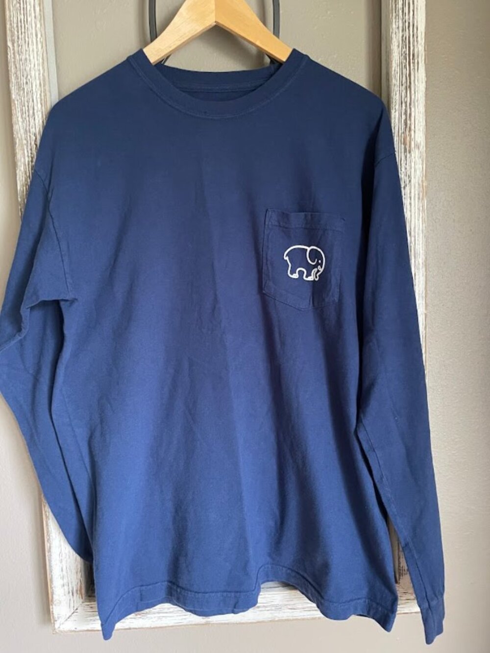 Medium Ivory Ella Elephant Logo Long Sleeve Navy Blue Shirt w Front Pocket